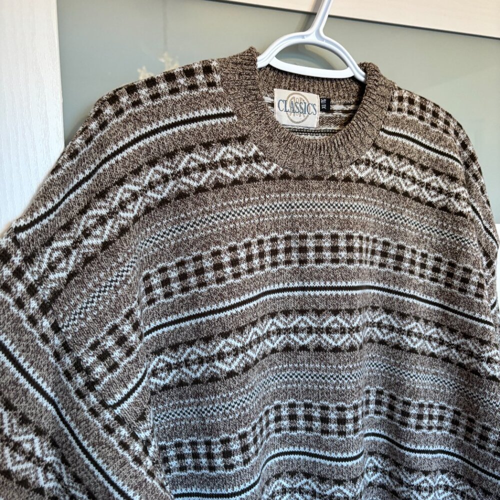 ‼️SOLD‼️ VINTAGE 90s R&R Classics Brown and White Knit Crew Sweater Pullover XL - Picture 6 of 13